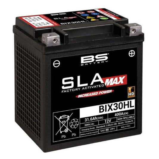 Batería precargada modelo MAX-BIX30HL-FA, sin mantenimiento y lista para instalar en tu moto