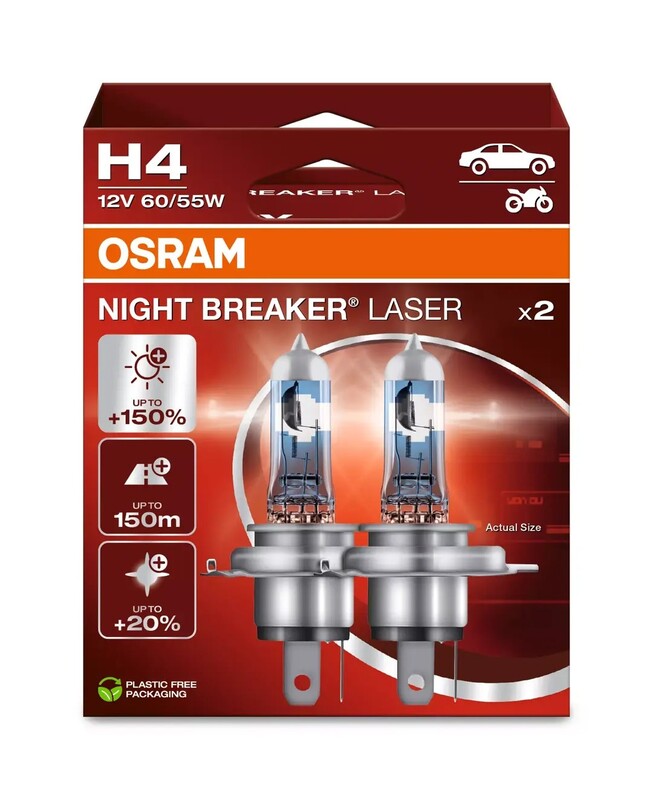 Lampara OSRAM H4 Night Breaker Laser Light 12V 60 / 55W P43t-38 - 2u - MOTO ATELIER