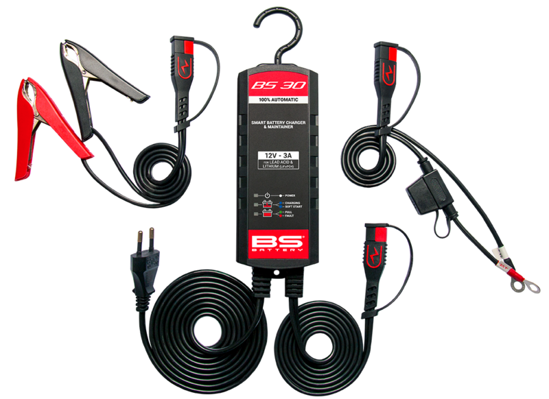 Contenido cargador de bateria inteligente BS Battery BS30 - 12V 3A - moto