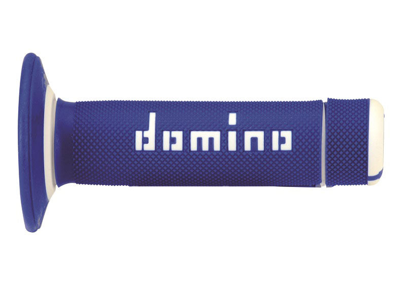 PUÑOS DOMINO OFF ROAD CERRADOS D 22 MM L 118 MM MOTOCICLETA COLOR AZUL Y BLANCO