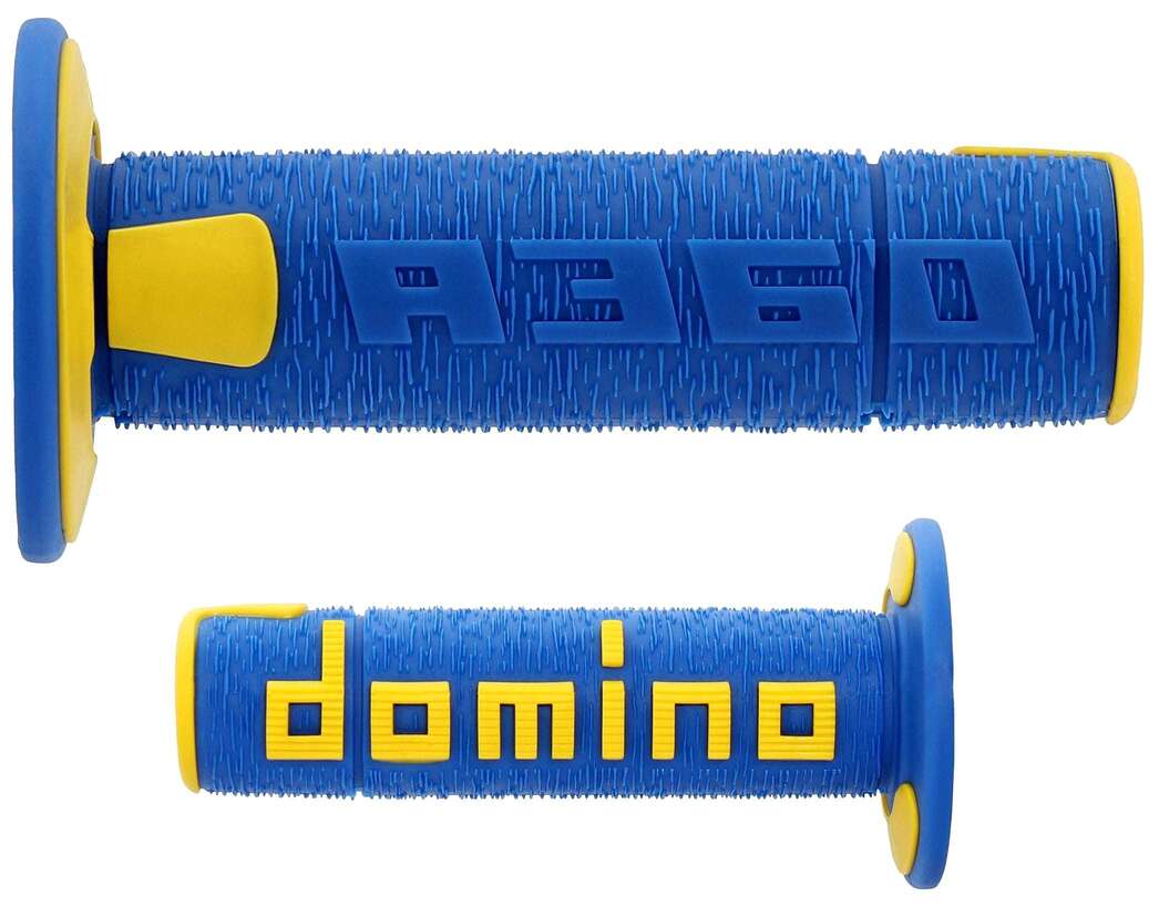 Puños Domino Off Road RPS cerrados de 22 mm y 120 mm para motocicleta color azul y amarillo