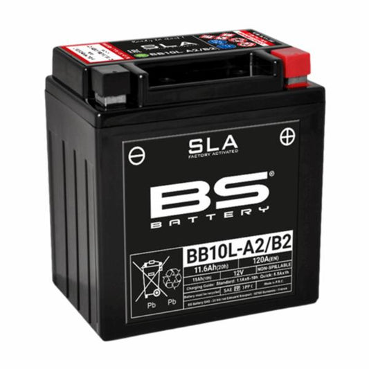 Batería precargada modelo BB10L-A2-B2-FA, sin mantenimiento y lista para instalar en tu moto