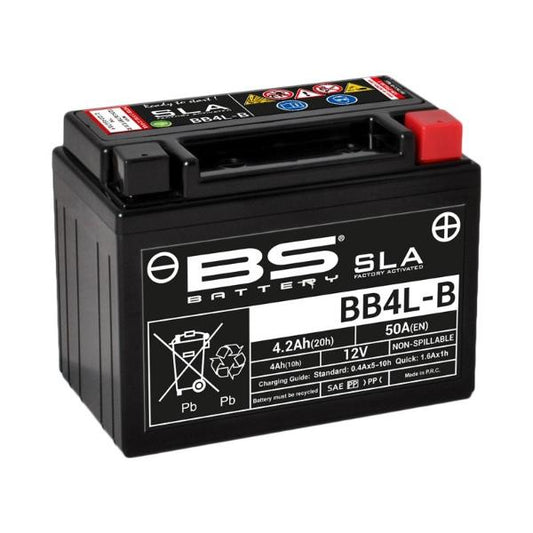 Batería precargada modelo BB4L-B-FA, sin mantenimiento y lista para instalar en tu moto