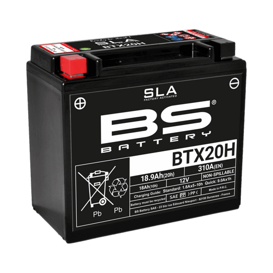 Batería precargada modelo BTX20H-FA, sin mantenimiento y lista para instalar en tu moto