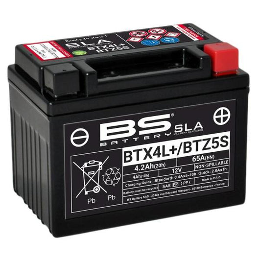 Batería precargada modelo BTX4L-BTZ5S-FA, sin mantenimiento y lista para instalar en tu moto