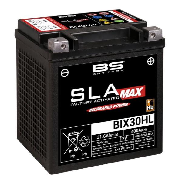 Batería precargada modelo MAX-BIX30HL-FA, sin mantenimiento y lista para instalar en tu moto