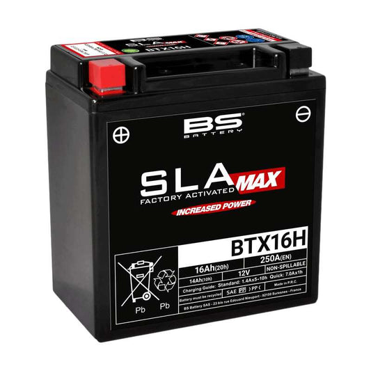 Batería precargada modelo MAX-BTX16H, sin mantenimiento y lista para instalar en tu moto