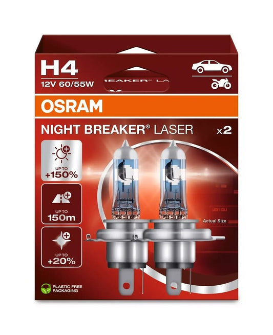 Lampara OSRAM H4 Night Breaker Laser Light 12V 60 / 55W P43t-38 - 2u - MOTO ATELIER