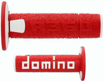 Puños Domino Off Road RPS cerrados de 22 mm y 120 mm para motocicleta color rojo y blanco